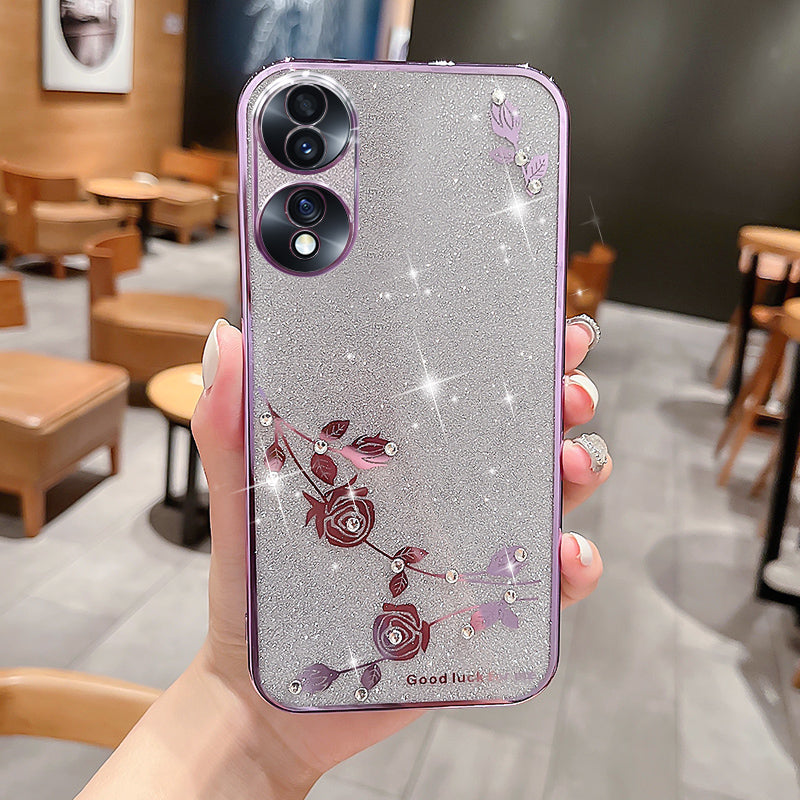 Slim Smartphone Case For Honor 70 5G Flower Pattern Decor Rhinestone Electroplating Glitter Powder Shockproof Soft TPU Phone Cover Slim Smartphone Case For Honor 70 5G Flower Pattern Decor Rhinestone Electroplating Glitter Powder Shockproof Soft TPU Phone Cover
